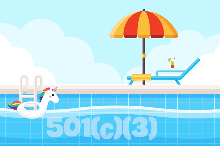 Starting a 501(c)(3) is like jumping into the deep end of the pool; fiscal sponsorship allows you to wade in. [Unicorn floaty pictured in pool.]